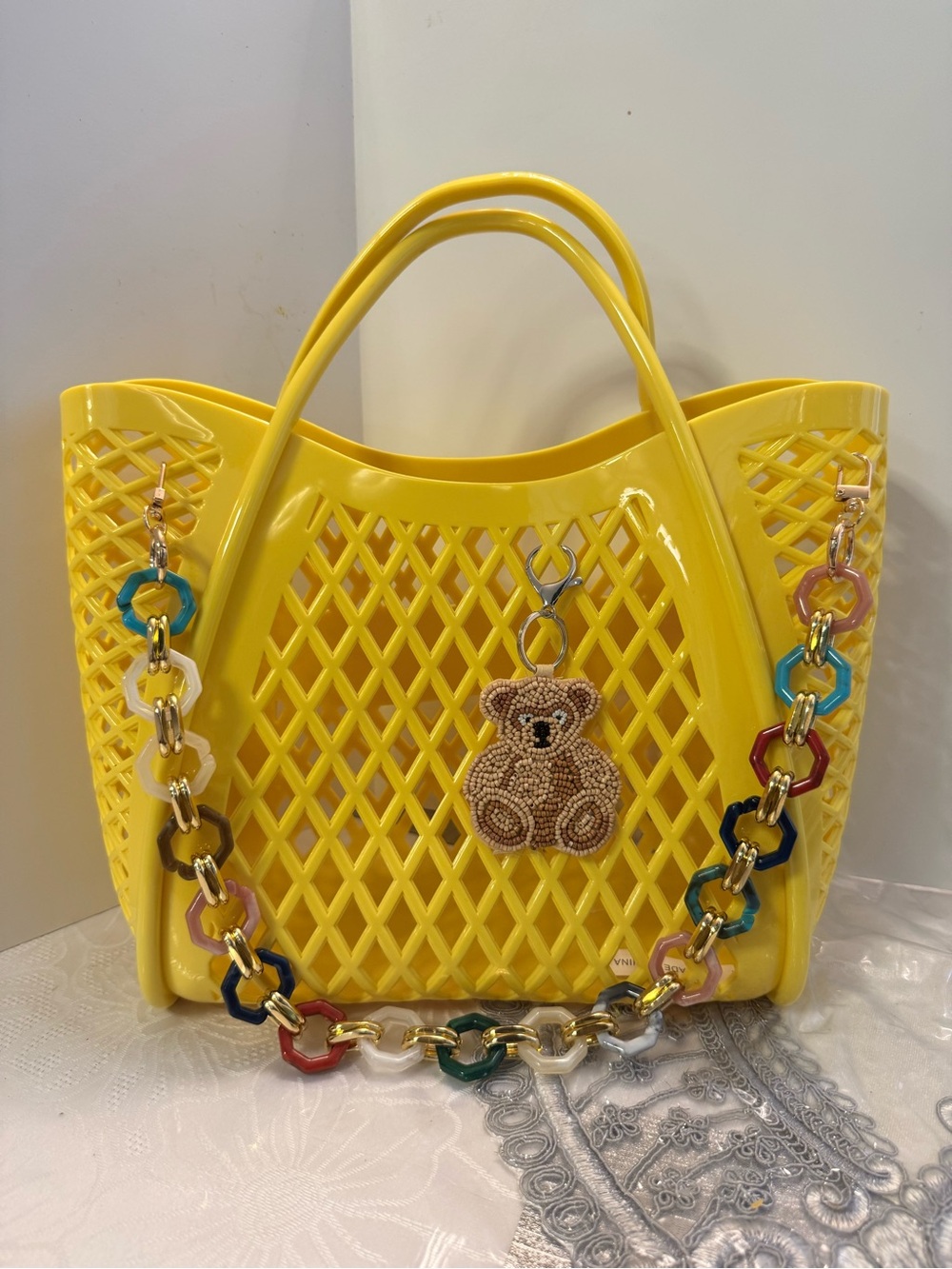Yellow Jelly Tote with Multicolor Chain and Bear Charm with cosmetic case